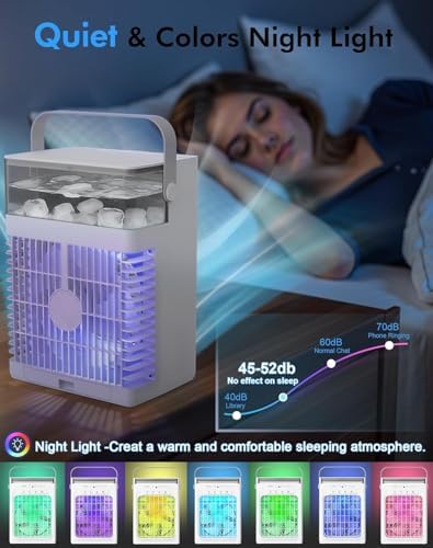 Portable Air Conditioners, Air Cooler Evaporative Personal Mini AC, 3 Wind Speed, 2-4-8H Timer, 3 Modes, Colorful Night Light, Portable AC for Room, Car, Bedroom, Camping